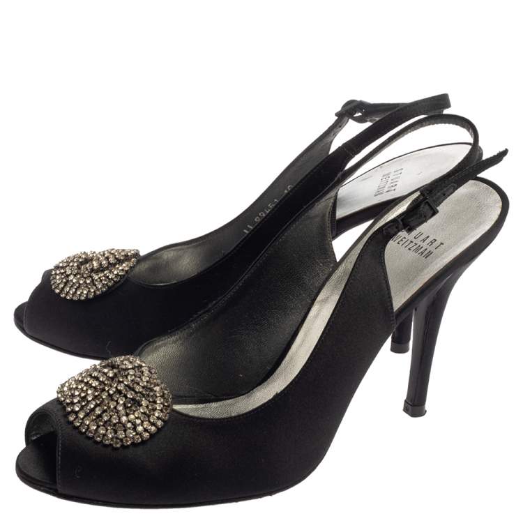Pre Owned Stuart Weitzman Black Satin Crystal Embellished Slingback Sandals Size 41