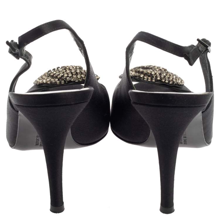 Pre Owned Stuart Weitzman Black Satin Crystal Embellished Slingback Sandals Size 41