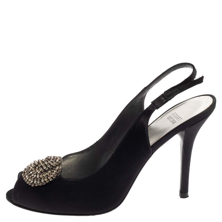 Pre Owned Stuart Weitzman Black Satin Crystal Embellished Slingback Sandals Size 41