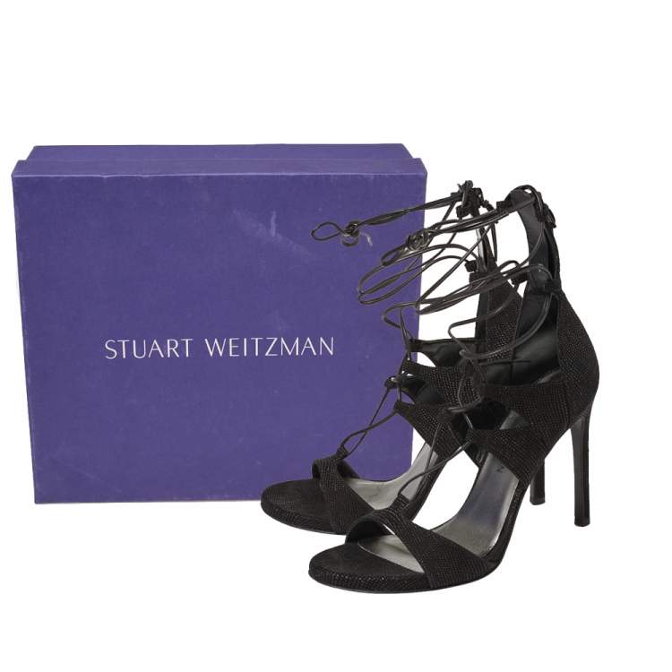 Pre Owned Stuart Weitzman Black Textured Suede Goose Bump LegWrap Sandals Size 38