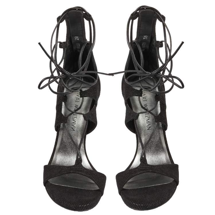 Pre Owned Stuart Weitzman Black Textured Suede Goose Bump LegWrap Sandals Size 38