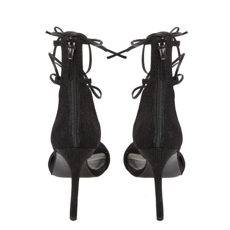 Pre Owned Stuart Weitzman Black Textured Suede Goose Bump LegWrap Sandals Size 38