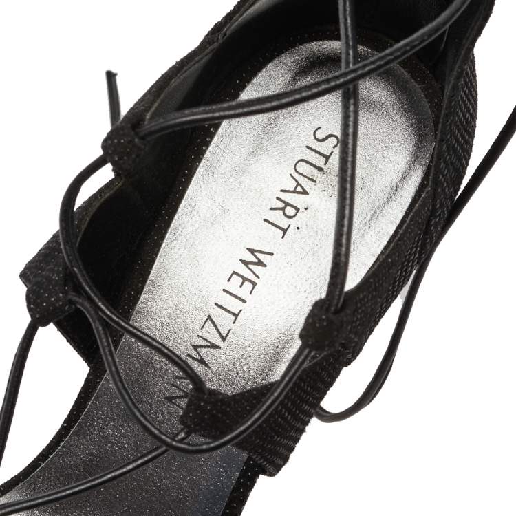 Pre Owned Stuart Weitzman Black Textured Suede Goose Bump LegWrap Sandals Size 38