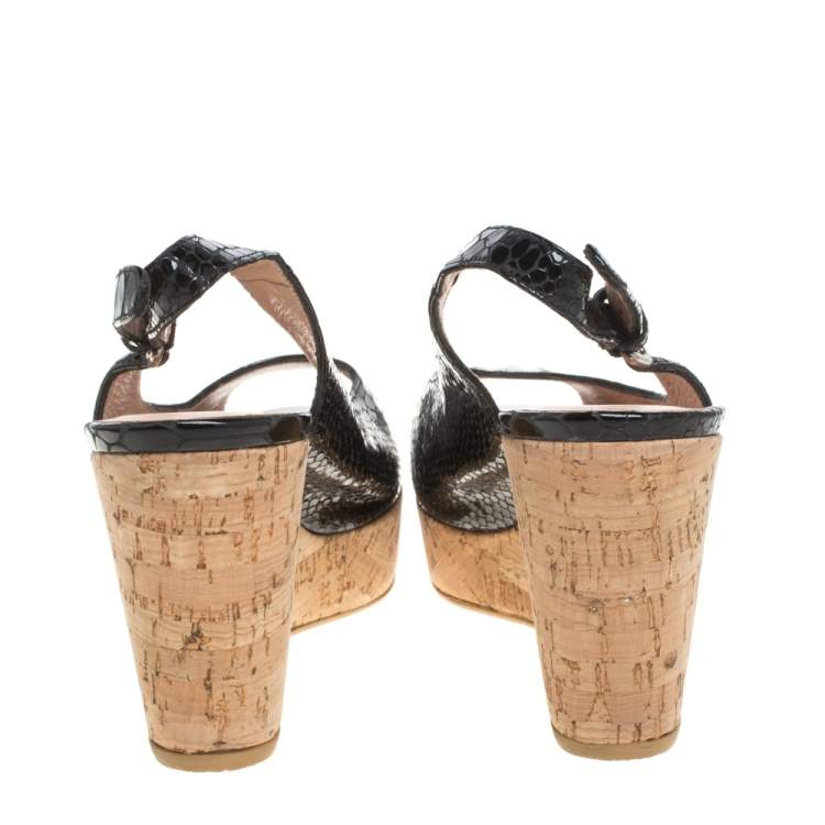 Pre Owned Stuart Weitzman Black Python Embossed Patent Leather Cork Wedge Slingback Sandals Size 38.5