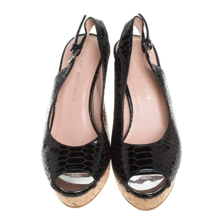 Pre Owned Stuart Weitzman Black Python Embossed Patent Leather Cork Wedge Slingback Sandals Size 38.5