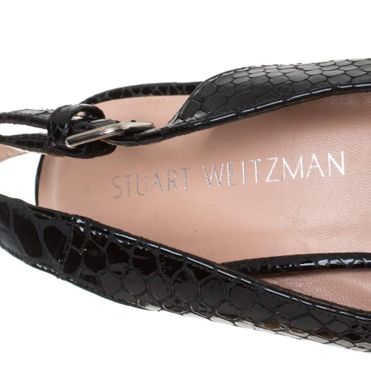 Pre Owned Stuart Weitzman Black Python Embossed Patent Leather Cork Wedge Slingback Sandals Size 38.5
