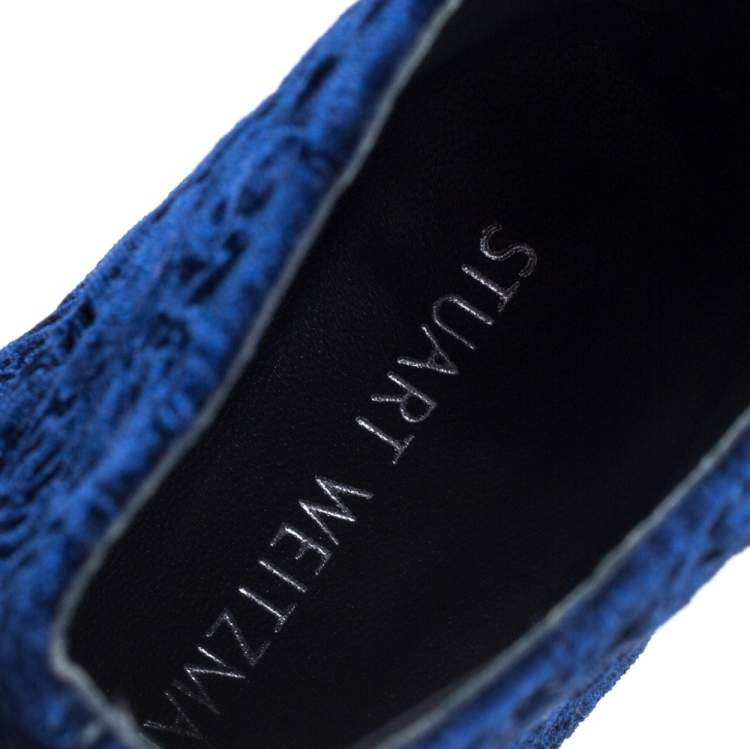 Pre Owned Stuart Weitzman Blue Velvet Bacari Block Heel Ankle Boots Size 38.5