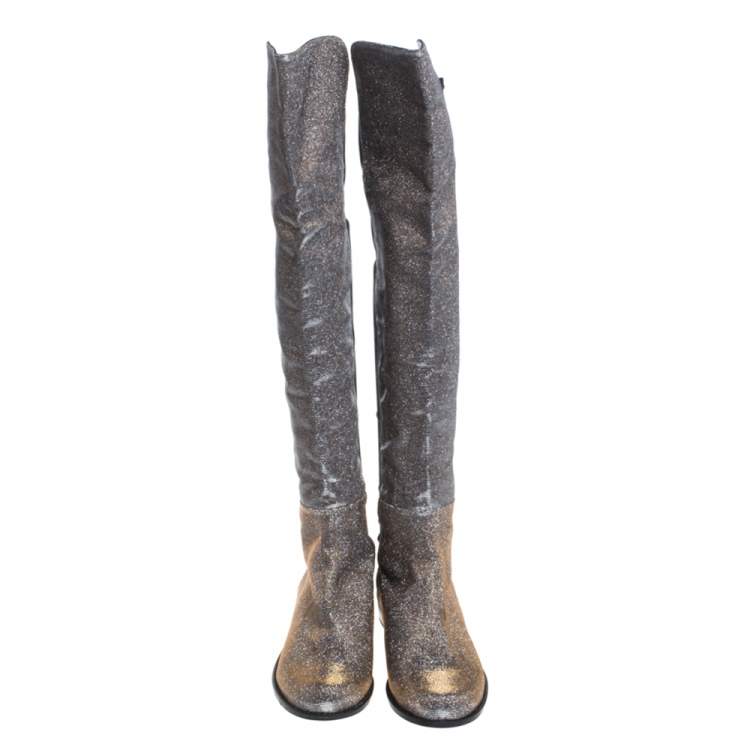 Pre Owned Stuart Weitzman Multicolor Lurex And Stretch Fabric Knee Length Boots Size 37.5