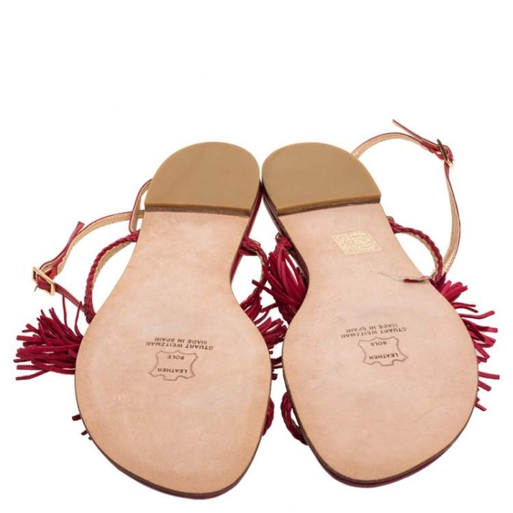 Pre Owned Stuart Weitzman Red Leather And Suede Tassel Thong Flat Sandals Size 39.5