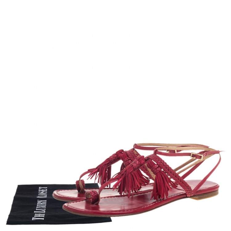 Pre Owned Stuart Weitzman Red Leather And Suede Tassel Thong Flat Sandals Size 39.5