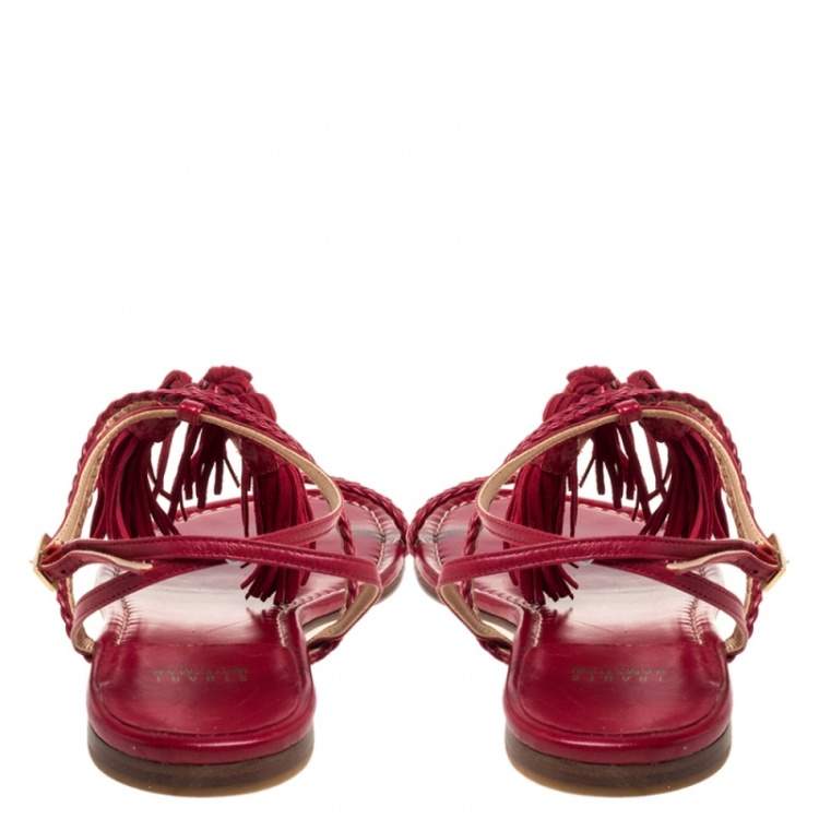 Pre Owned Stuart Weitzman Red Leather And Suede Tassel Thong Flat Sandals Size 39.5