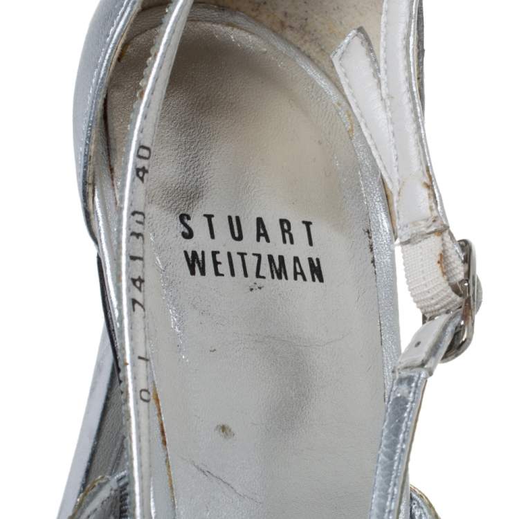 Pre Owned Stuart Weitzman Silver Leather Crystal Embellished Strappy Sandals Size 40