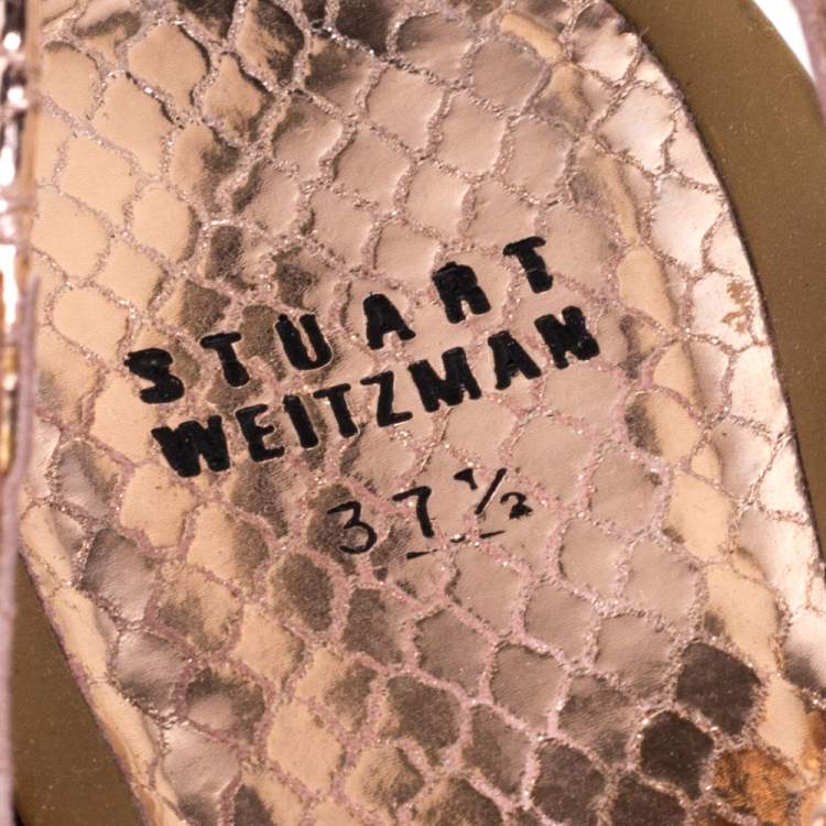 Pre Owned Stuart Weitzman Metallic Rose Gold Snake Embossed Leather Thong Flats Size 37.5