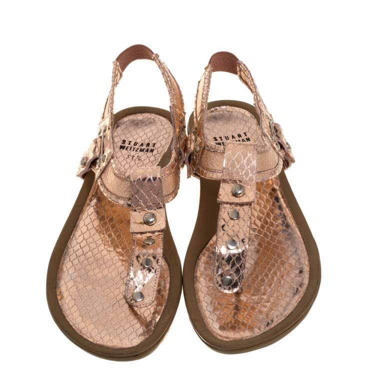 Pre Owned Stuart Weitzman Metallic Rose Gold Snake Embossed Leather Thong Flats Size 37.5