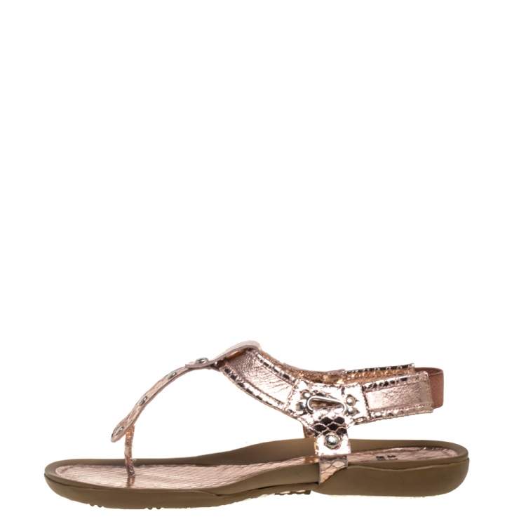 Pre Owned Stuart Weitzman Metallic Rose Gold Snake Embossed Leather Thong Flats Size 37.5