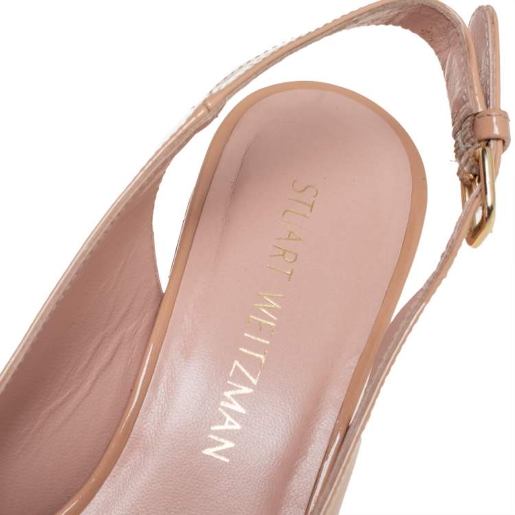 مملوكة مسبقًا Stuart Weitzman Beige Patent Leather Jean Peep Toe Cork Wedge Slingback Sandals Size 37