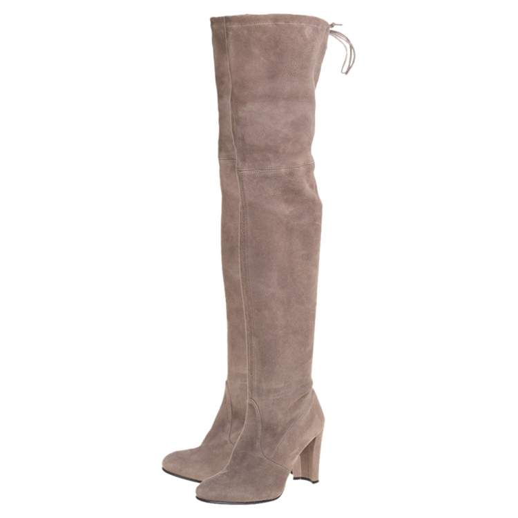 Pre Owned Stuart Weitzman Grey Suede Tie Land Over The Knee Block Heel Boots Size 36