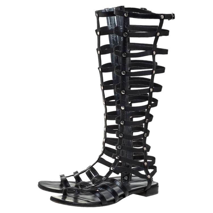 Pre Owned Stuart Weitzman Black Leather And Elastic Gladiator Flats Size 37