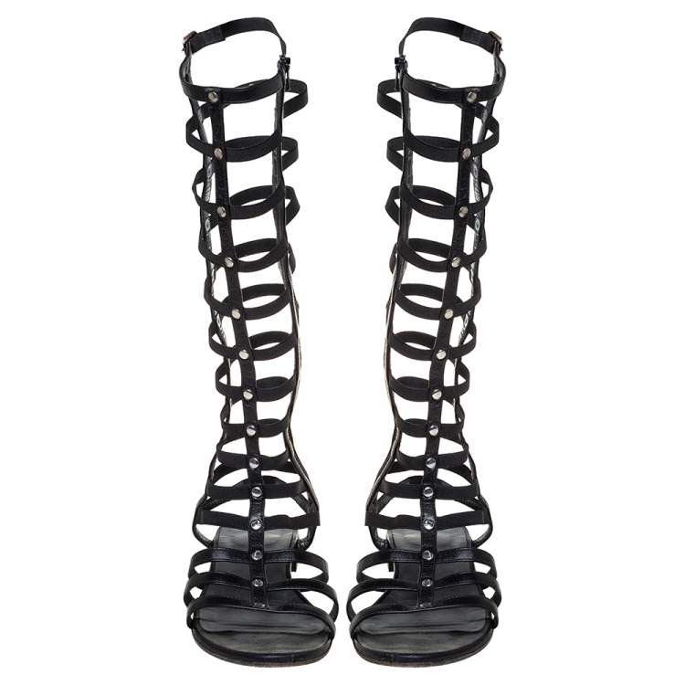 Pre Owned Stuart Weitzman Black Leather And Elastic Gladiator Flats Size 37