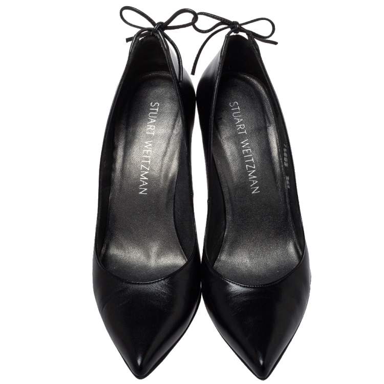Pre Owned Stuart Weitzman Black Leather Peeka Bow Pumps Size 36.5