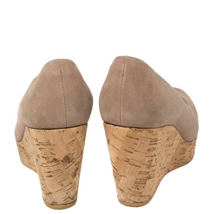 Pre Owned Stuart Weitzman Grey Suede Anna Cork Wedge Platform Peep Toe Pumps Size 37.5