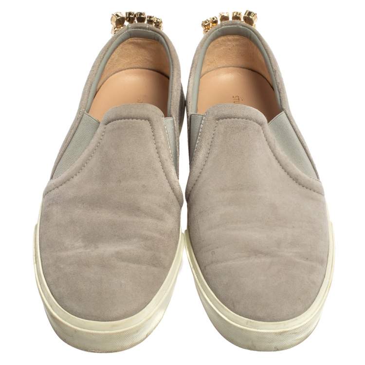 Pre Owned Stuart Weitzman Grey Suede Crystal Slip on Sneakers Size 38