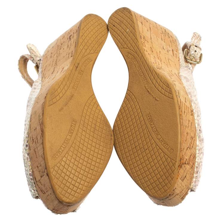 Pre Owned Stuart Weitzman Multicolor Iridescent Snake Print Suede Jean Wedge Platform Slingback Sandals Size 37.5