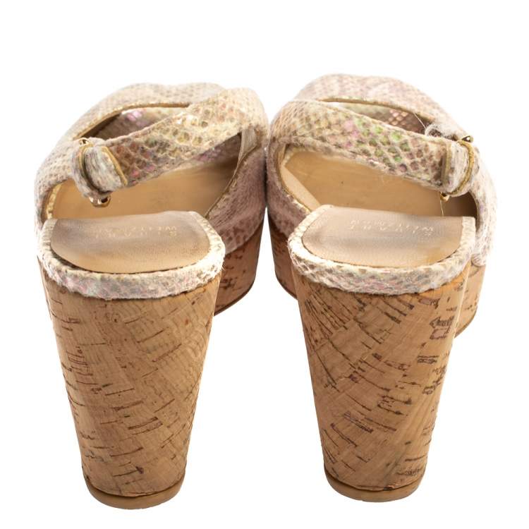 Pre Owned Stuart Weitzman Multicolor Iridescent Snake Print Suede Jean Wedge Platform Slingback Sandals Size 37.5