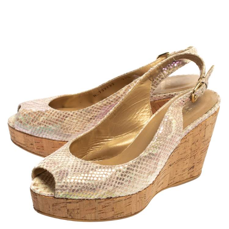 Pre Owned Stuart Weitzman Multicolor Iridescent Snake Print Suede Jean Wedge Platform Slingback Sandals Size 37.5