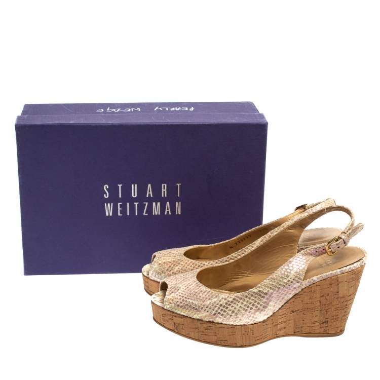 Pre Owned Stuart Weitzman Multicolor Iridescent Snake Print Suede Jean Wedge Platform Slingback Sandals Size 37.5