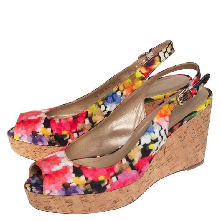 Pre Owned Stuart Weitzman Multicolor Brocade Fabric Cork Wedge Sandals Size 43.5