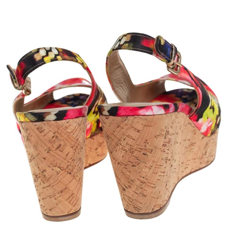 Pre Owned Stuart Weitzman Multicolor Brocade Fabric Cork Wedge Sandals Size 43.5