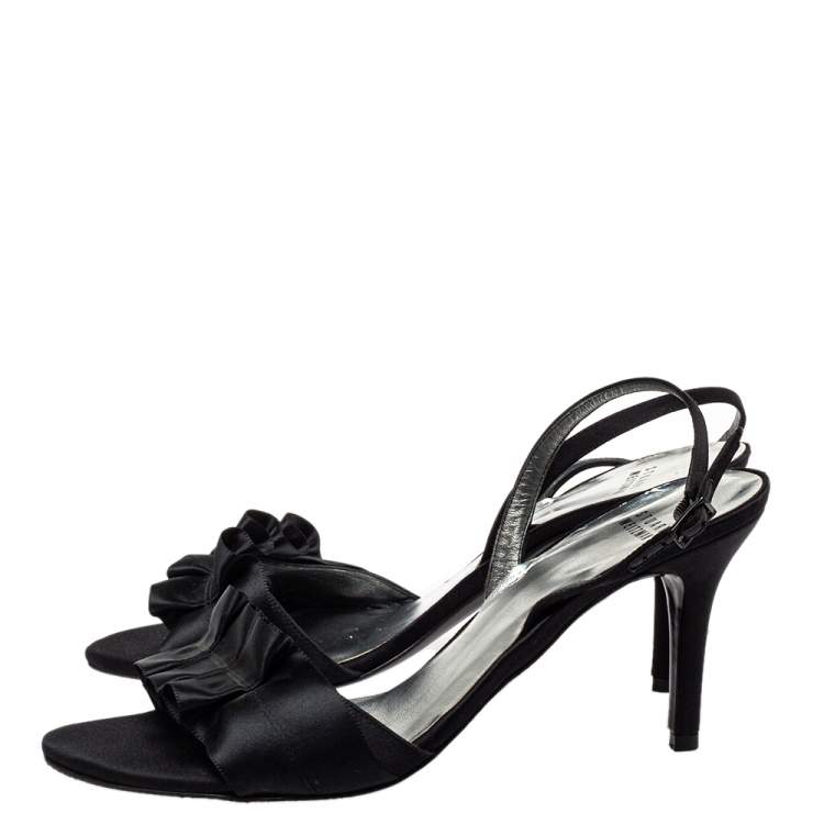 Pre Owned Stuart Weitzman Black Satin Pleated Open Toe Sandals Size 43.5