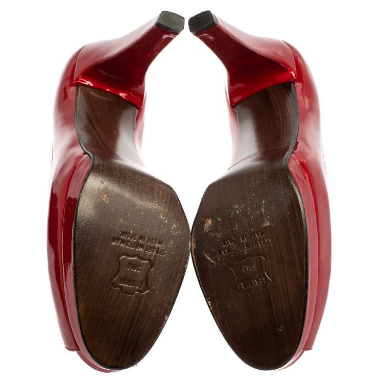 Pre Owned Stuart Weitzman Red Patent Leather Peep Toe Pumps Size 38.5