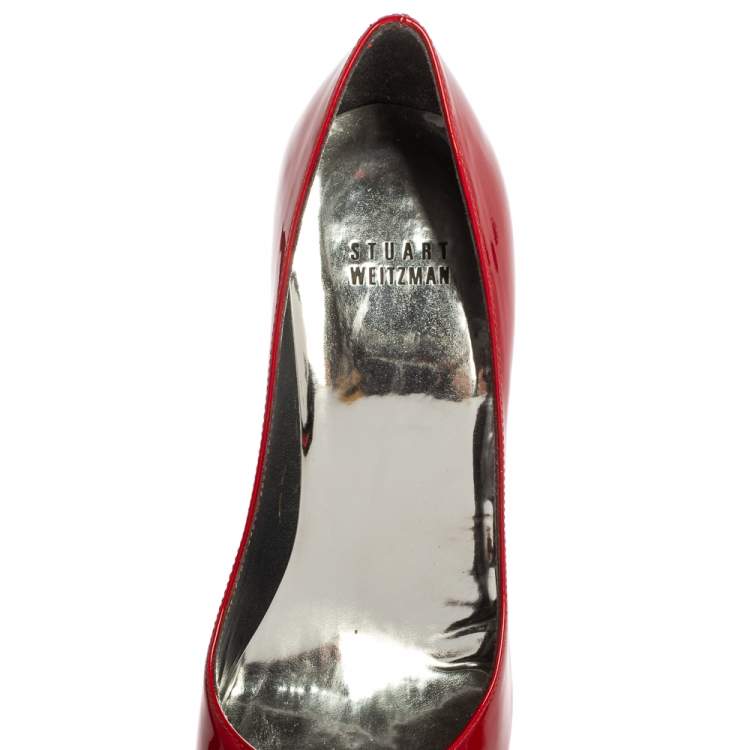 Pre Owned Stuart Weitzman Red Patent Leather Peep Toe Pumps Size 38.5