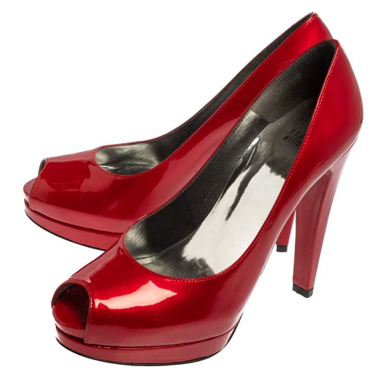 Pre Owned Stuart Weitzman Red Patent Leather Peep Toe Pumps Size 38.5