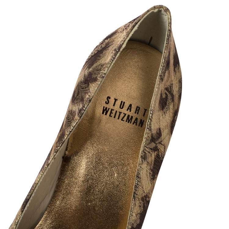 Pre Owned Stuart Weitzman Brown/Gold Metallic Lamé Fabric Leopard Print Bow Peep Toe Pumps Size 38.5