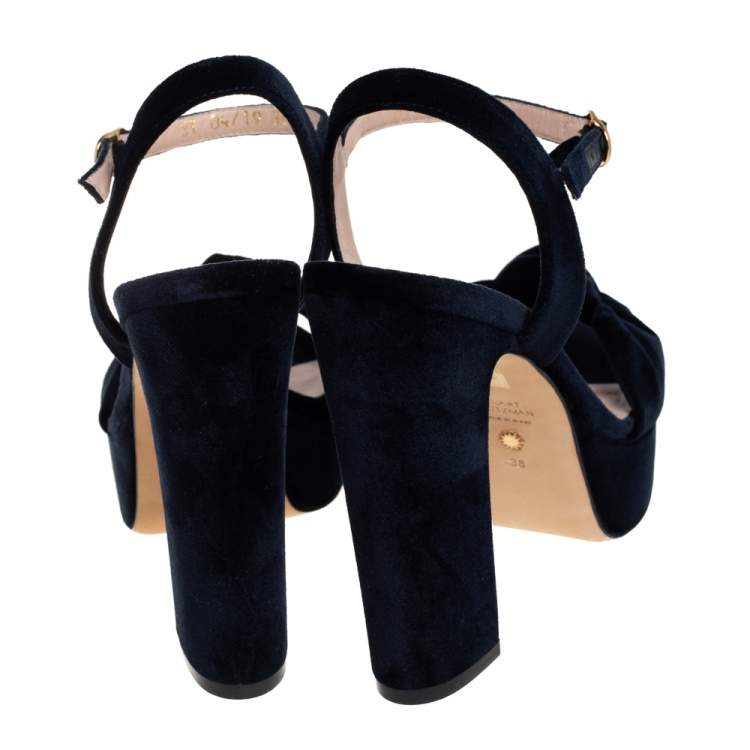 Pre Owned Stuart Weitzman Navy Blue Velvet Mirri Platform Sandals Size 38