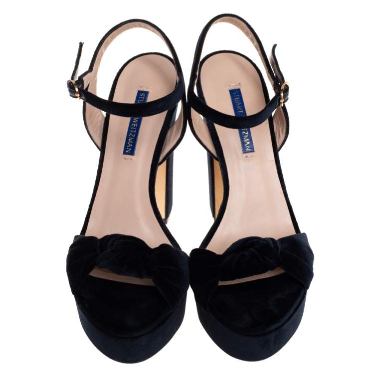Pre Owned Stuart Weitzman Navy Blue Velvet Mirri Platform Sandals Size 38