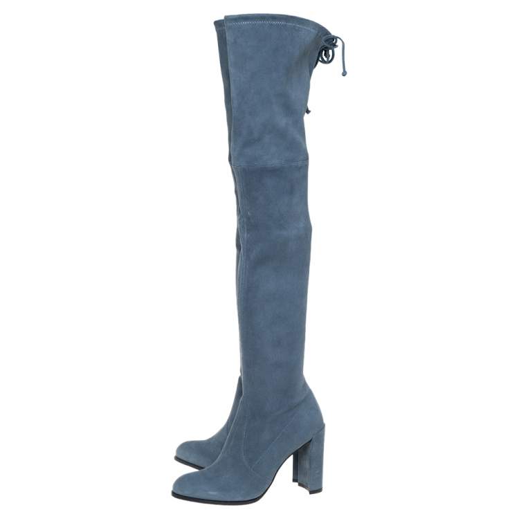 Pre Owned Stuart Weitzman Teal Blue Suede Highland Over The Knee Boots Size 38.5