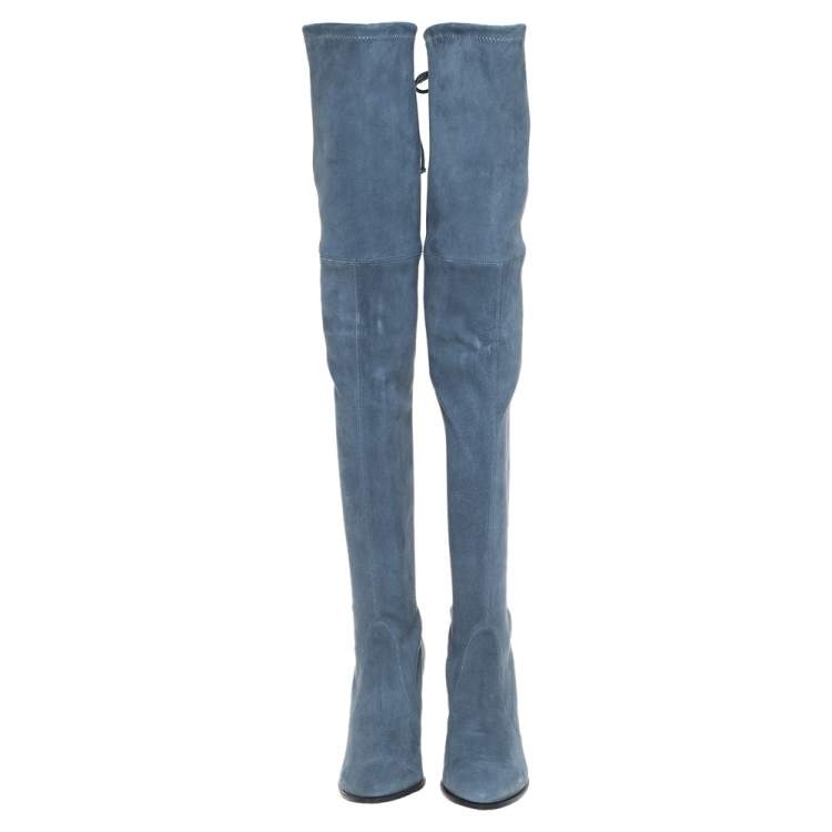 Pre Owned Stuart Weitzman Teal Blue Suede Highland Over The Knee Boots Size 38.5