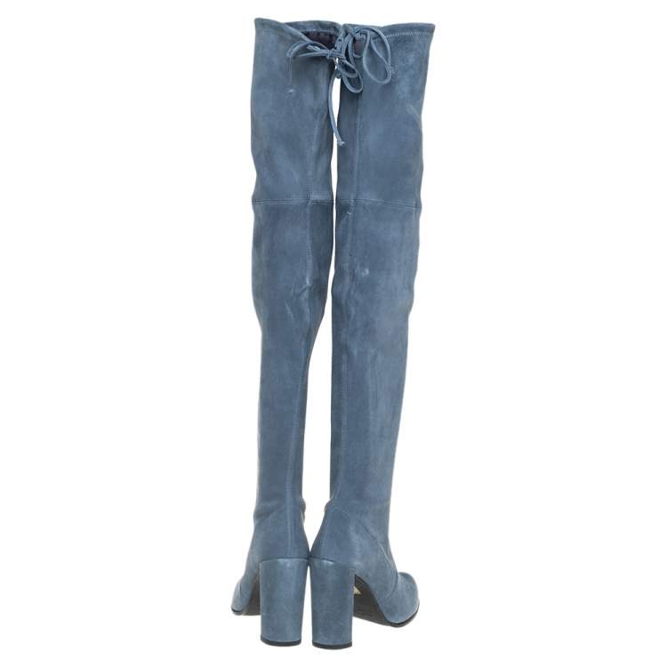 Pre Owned Stuart Weitzman Teal Blue Suede Highland Over The Knee Boots Size 38.5
