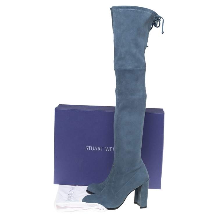 Pre Owned Stuart Weitzman Teal Blue Suede Highland Over The Knee Boots Size 38.5