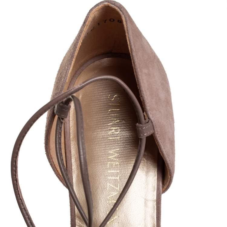 Pre Owned Stuart Weitzman Beige Suede Gilligan D'orsay Ankle Wrap Flats Size 38.5