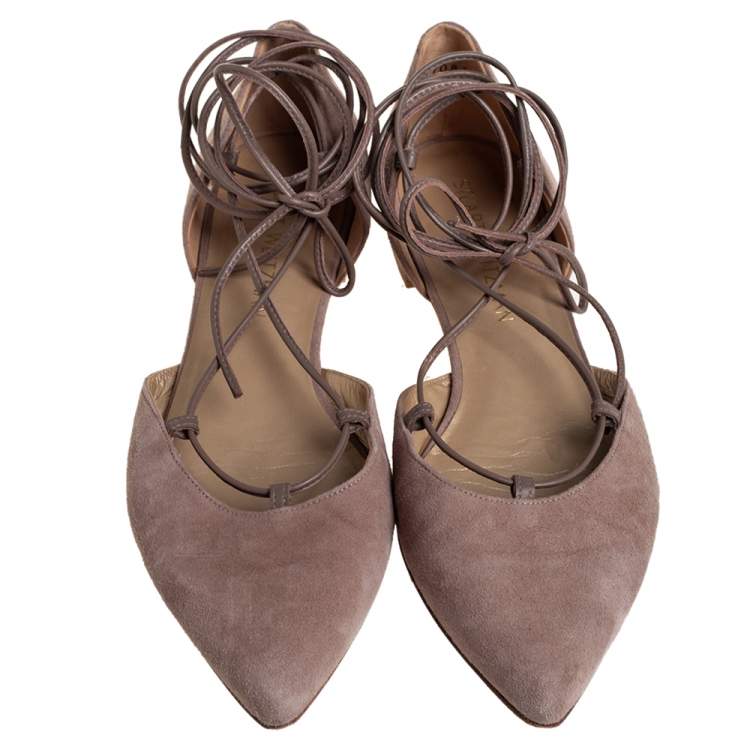 Pre Owned Stuart Weitzman Beige Suede Gilligan D'orsay Ankle Wrap Flats Size 38.5