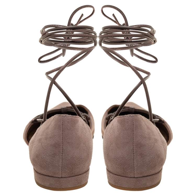 Pre Owned Stuart Weitzman Beige Suede Gilligan D'orsay Ankle Wrap Flats Size 38.5