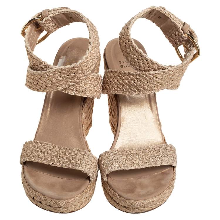 Pre Owned Stuart Weitzman Beige Braided Jute Wedge Sandals Size 41.5