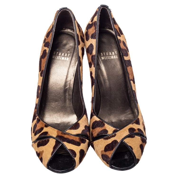 Pre Owned Stuart Weitzman Beige/Brown Leopard Print Calf Hair Peep Toe Pumps Size 39