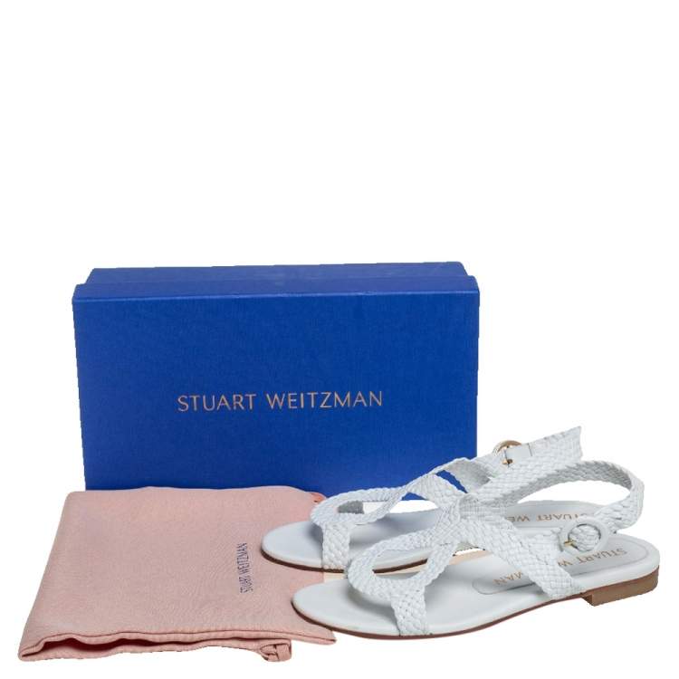 Pre Owned Stuart Weitzman White Braided Leather Theodora Flat Sandals Size 37.5