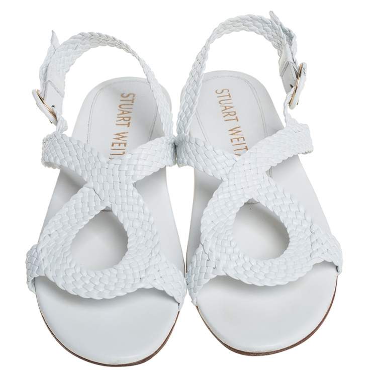 Pre Owned Stuart Weitzman White Braided Leather Theodora Flat Sandals Size 37.5